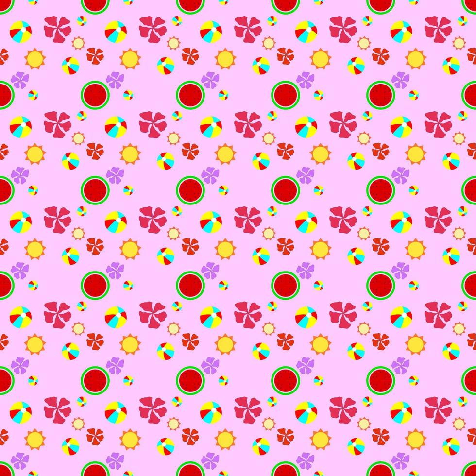 Colourful seamless summer pattern beach elements such as watermelon slice, flower, beach ball, sand. Fashion print design, vector illustration