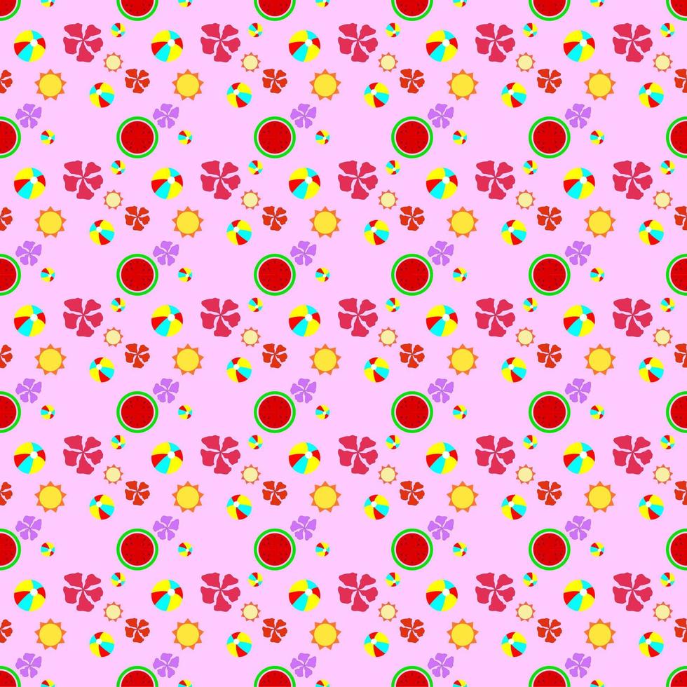 Colourful seamless summer pattern beach elements such as watermelon slice, flower, beach ball, sand. Fashion print design, vector illustration