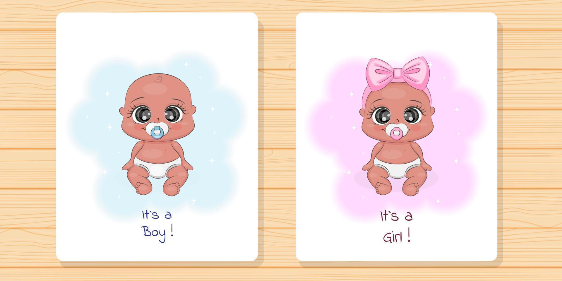 Baby shower card set, invitation card, boy and girl, poster, vector illustration