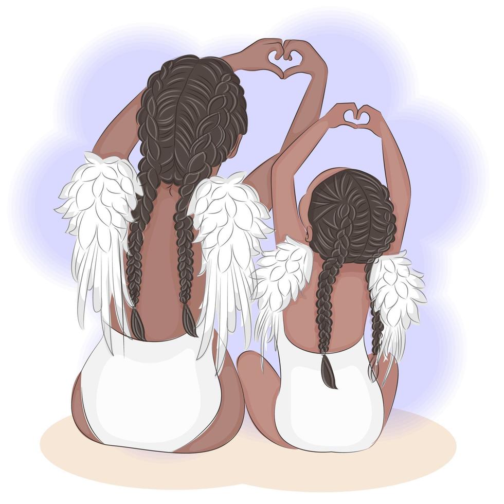 Mother and little daughter,in swimsuits with angel wings, on the beach with mom, cute illustration of maternal love, vector illustration of mom, greeting card, textile printing