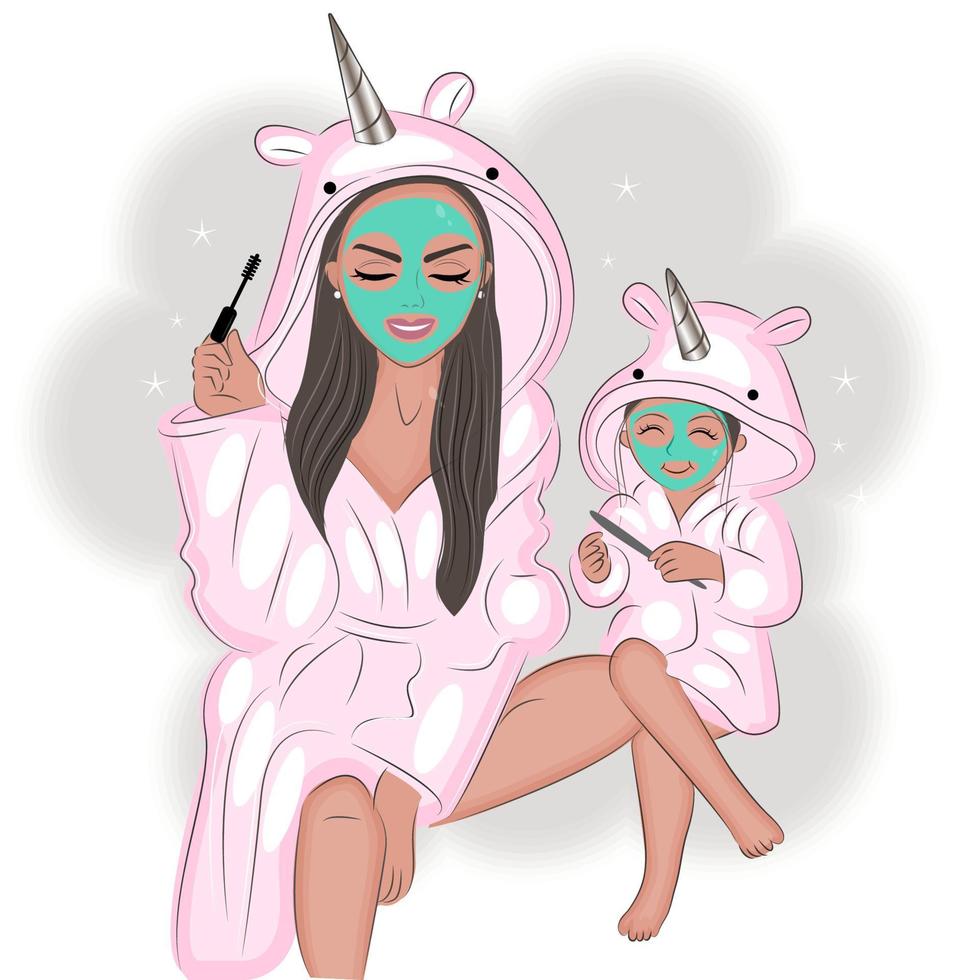 Mother and daughter skin care, in bathrobe, vector illustration