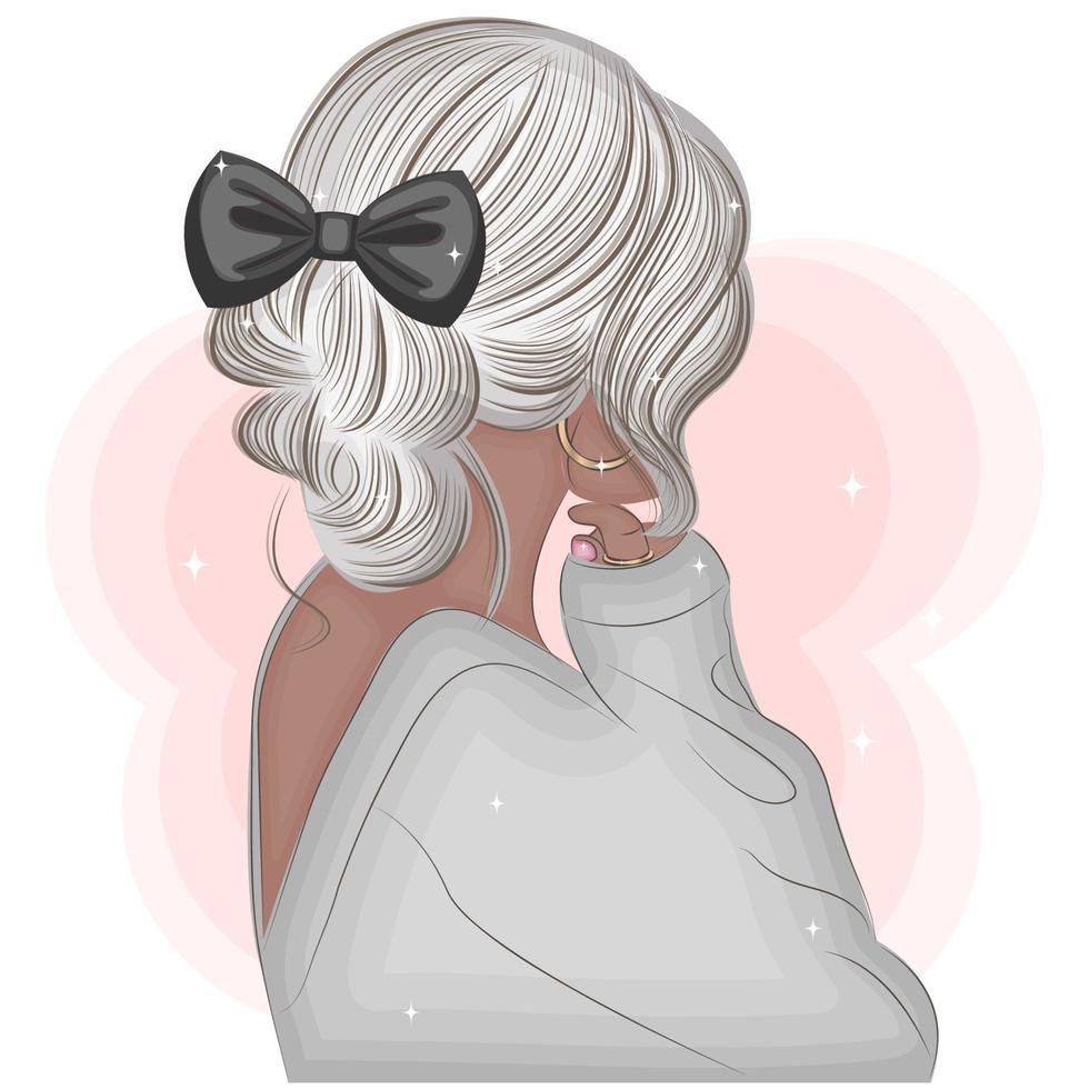 Stylish blonde with a bow, fashion vector illustration, textile print