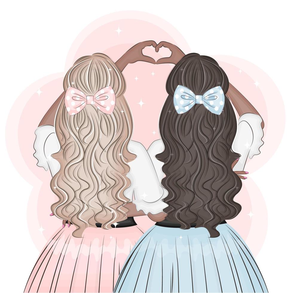 Two girls, sisters, girlfriends show heart with hands from back, cute romantic vector illustration, print