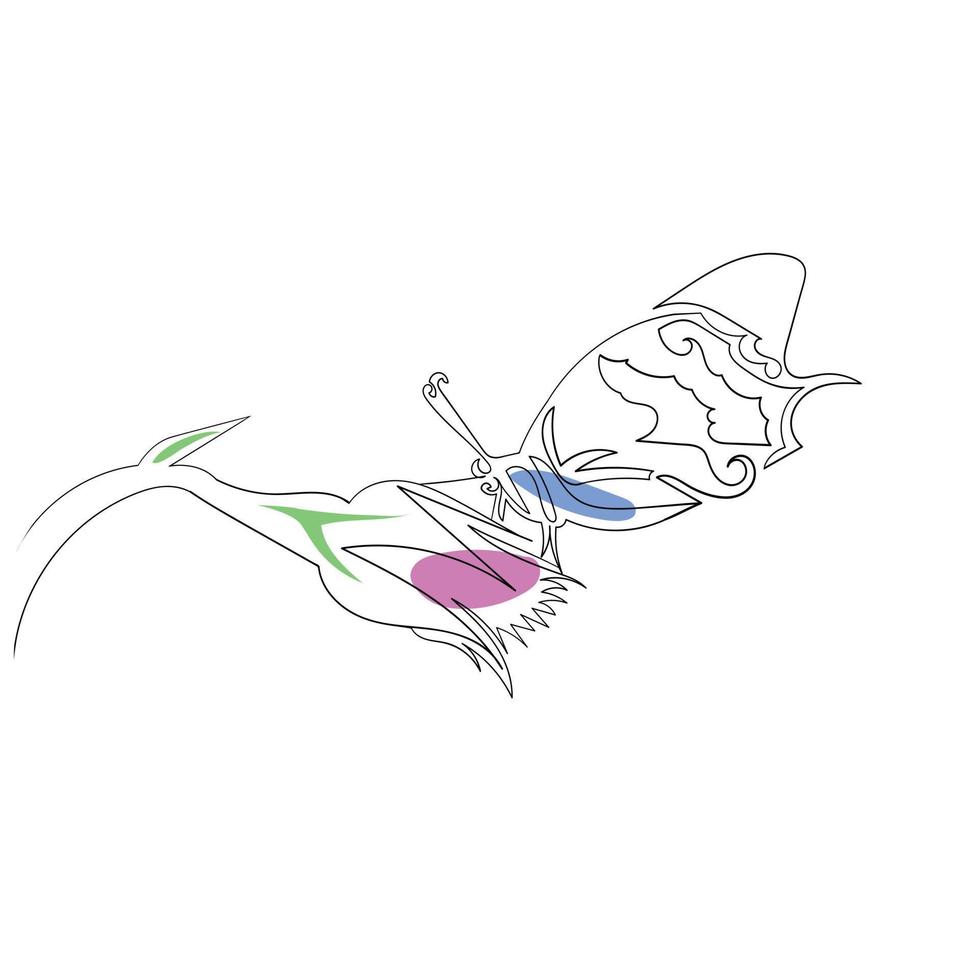 mariposa en el estilo de dibujo de arte de línea de flores, el boceto de mariposa lineal negro aislado en fondo blanco, y la mariposa en la ilustración de vector de arte de línea de flores.