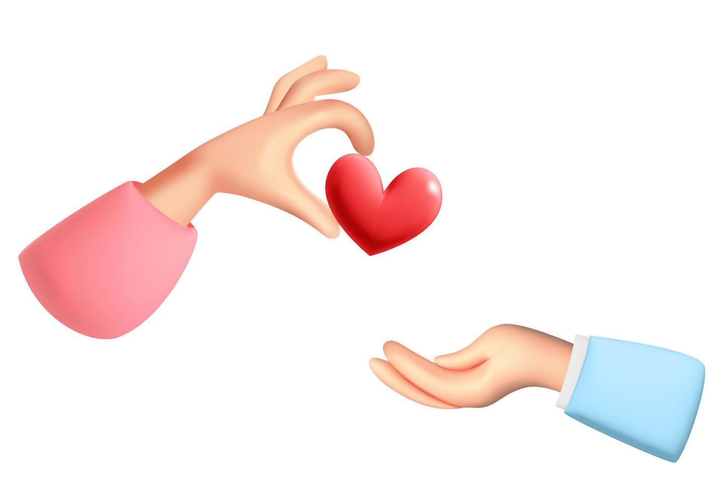 One hand gives heart to another hand 3d vector design.