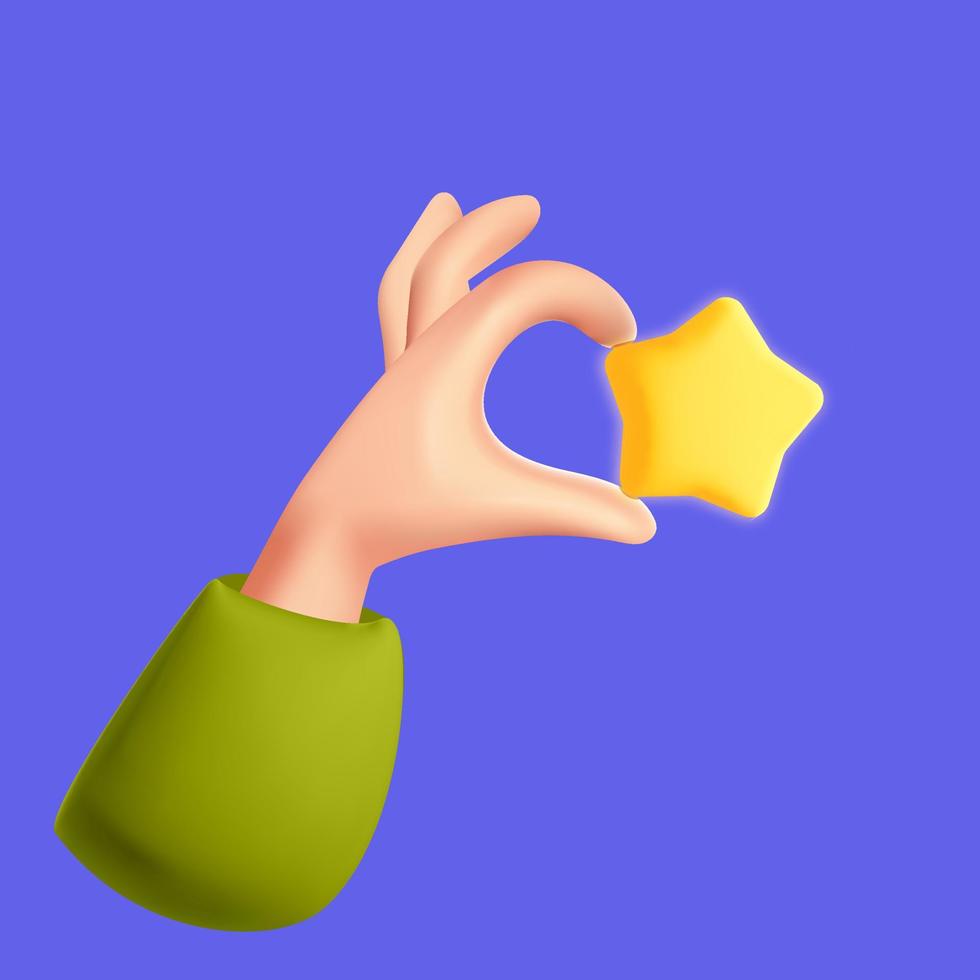 3d vector hand holds feedback yellow star icon illustration