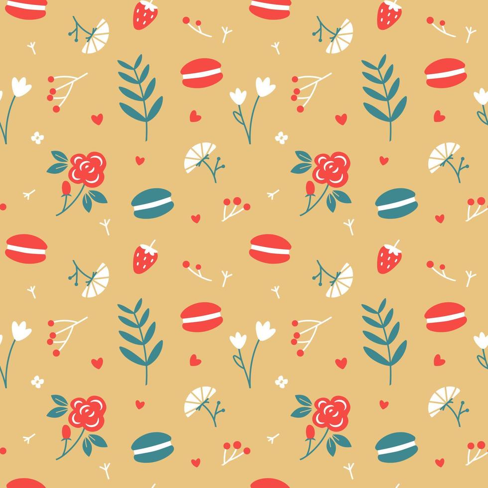 Seamless vector pattern of flowers, sweets and hearts on an orange background. Fresh spring nature background. Modern design. Abstract texture.