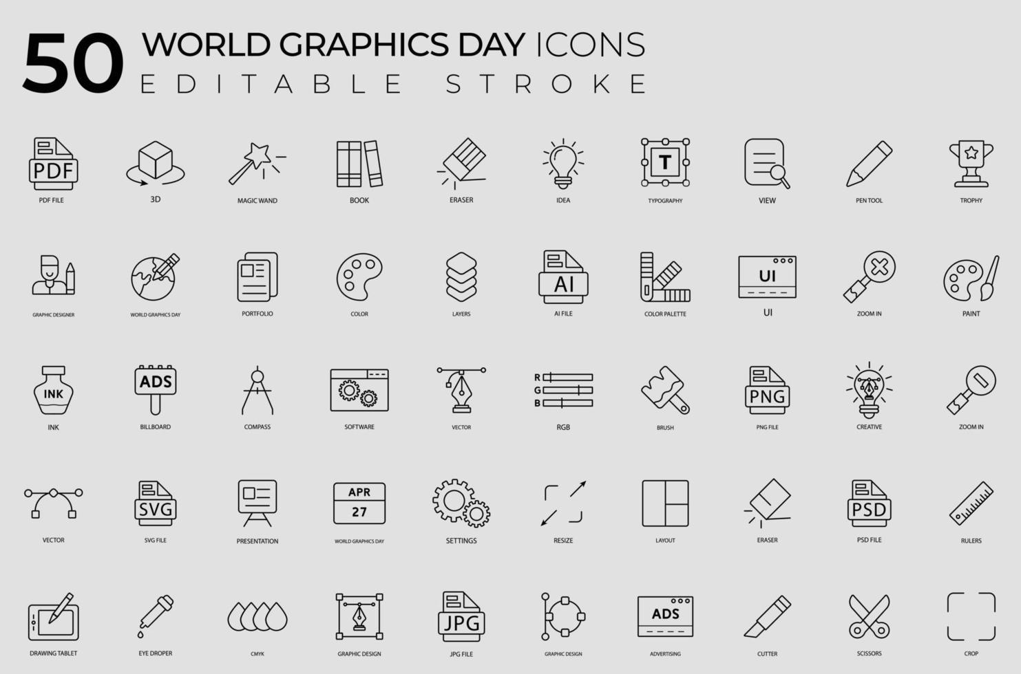 Lineal editable stroke world graphics day icon pack. vector