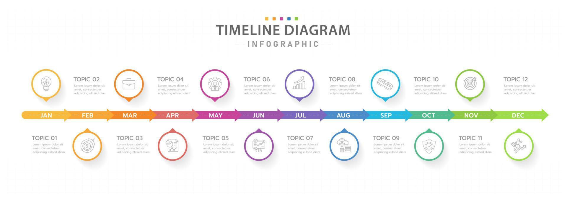 Infographic template for business. 12 Months modern Timeline diagram calendar with arrows, presentation vector infographic.