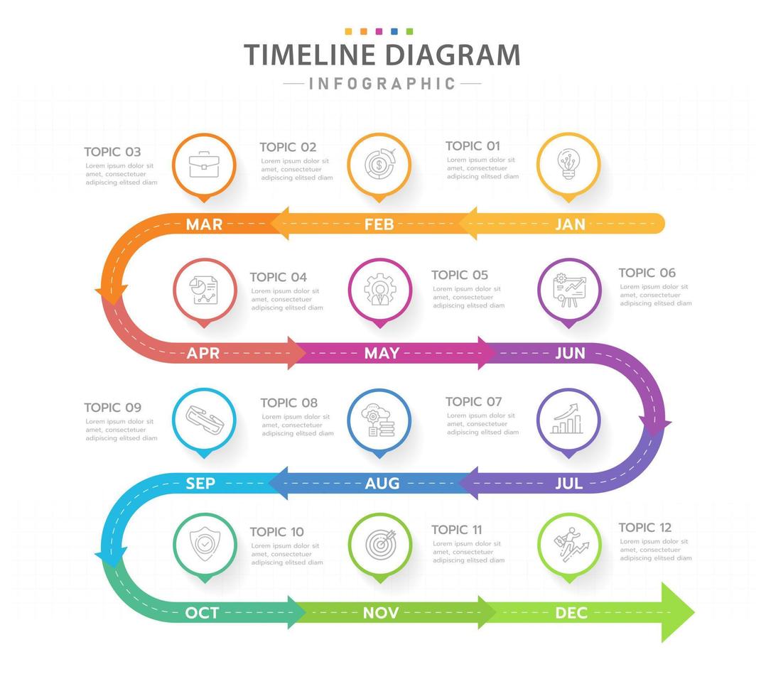 plantilla infográfica para negocios. Calendario de diagrama de línea de tiempo moderno de 12 meses con flechas, infografía vectorial de presentación. vector