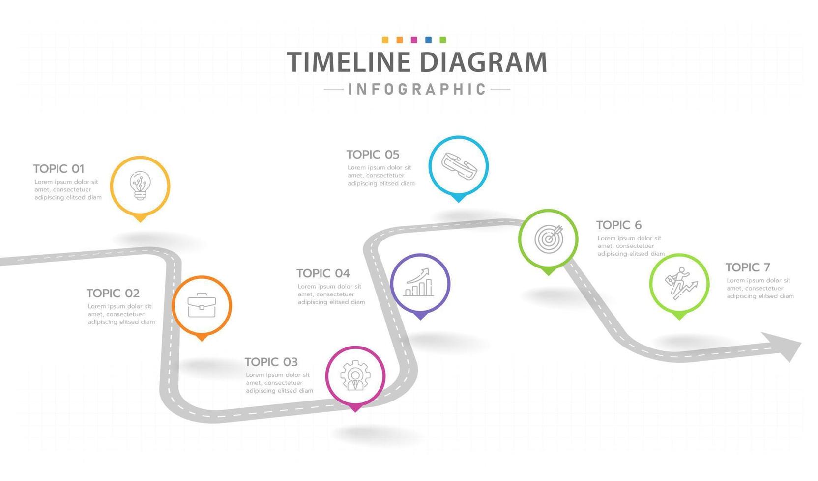 Infographic template for business. 7 Steps modern Timeline diagram calendar with arrows, presentation vector infographic.