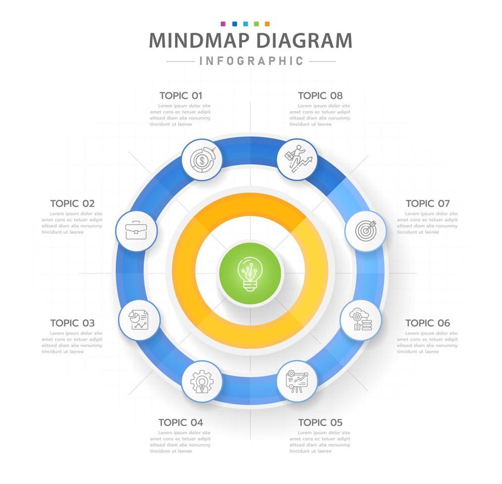 plantilla infográfica para negocios. Diagrama de mapa mental moderno de 8 pasos con temas circulares, infografía vectorial de presentación. vector