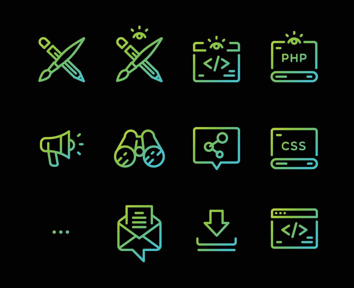 Set of vector icons of different professions. Icons for developers of mobile applications. Icons isolated on a black background. Information Technology. Professions of people.