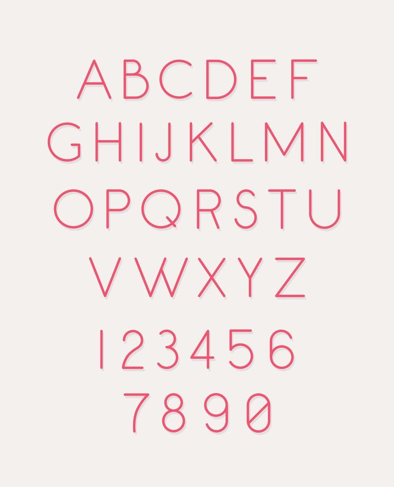 Font set of letters and numbers. Vector. Linear, thin, contour letters. Latin font. Pink glamorous letters. Women's style. All letters are separate. Complete alphabet. Modern style. vector