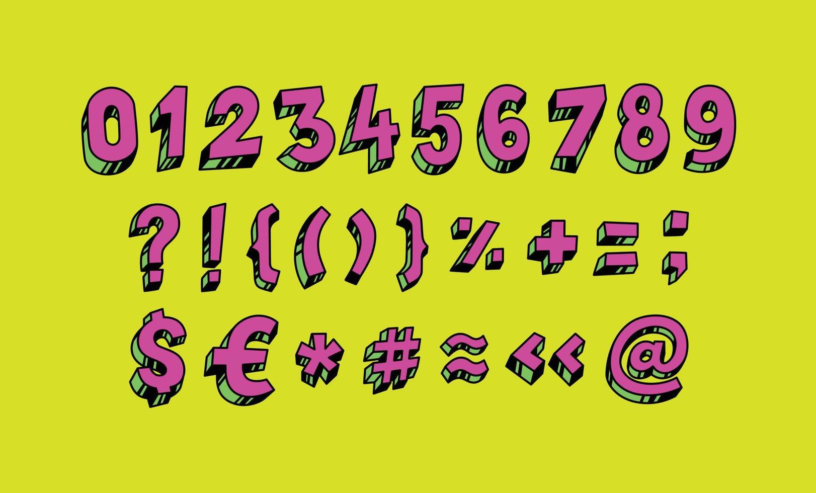 Bright Arabic numerals. Vector. Linear, contour figures. Isometry, 3D. Bulk numbers. Full set of marks and numbers. All signs are separate. Cartoon circus style. Signs of dollar and euro. vector