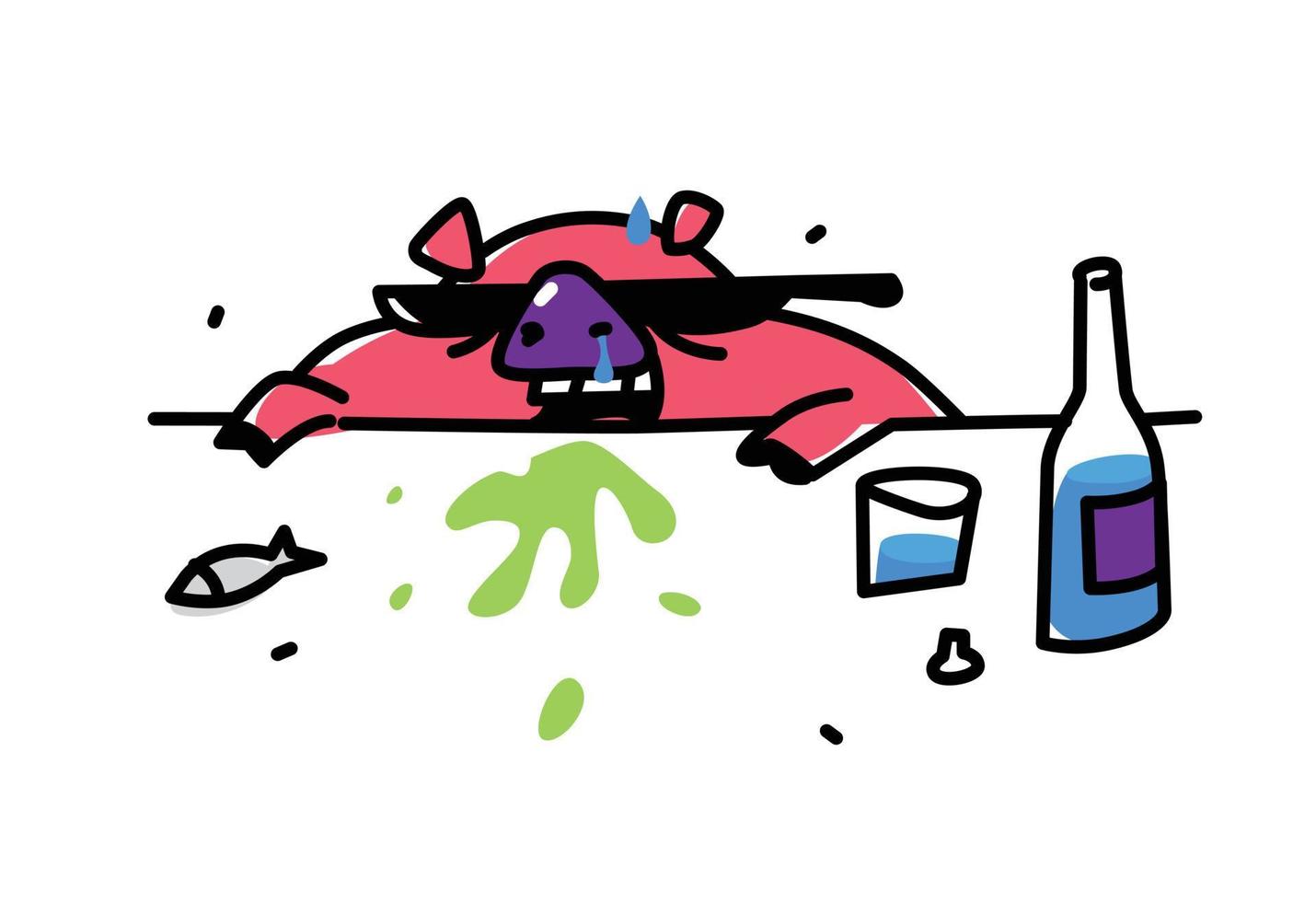 Illustration of a cute alko pig in sunglasses. Vector. Flat style. Pig get drunk vodka. Drunk pig vomits. Internet meme. Symbol of the fight against alcoholism. Drunk like a pig. vector
