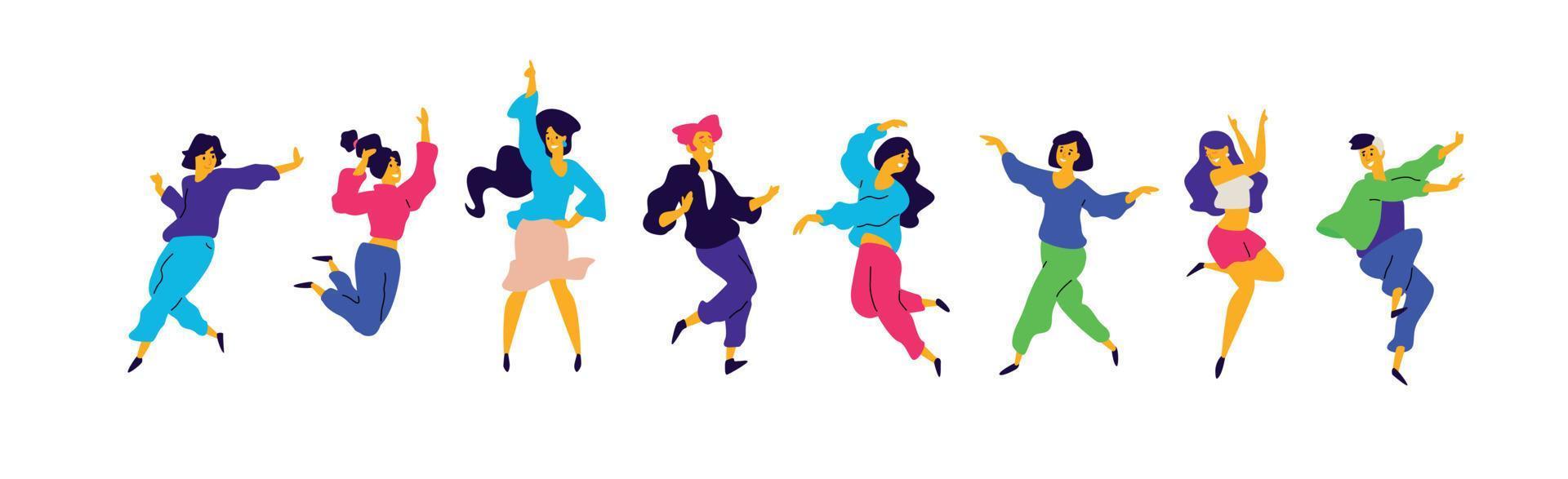 un grupo de chicos y chicas jóvenes felices están bailando. vector. ilustraciones de machos y hembras. estilo plano un grupo de adolescentes felices bailan y se divierten. vector