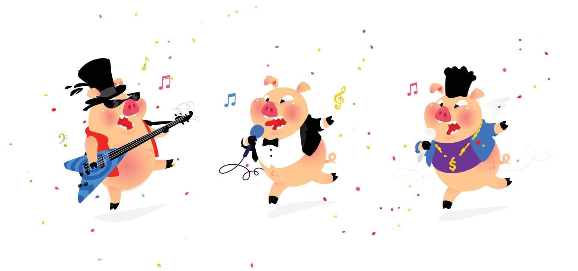 Illustration of three cheerful pigs musicians. Vector. Flat style. Pig rock musician, pig pop singer. Candy and holiday. Characters for karaoke and shop. Leading corparatives. vector