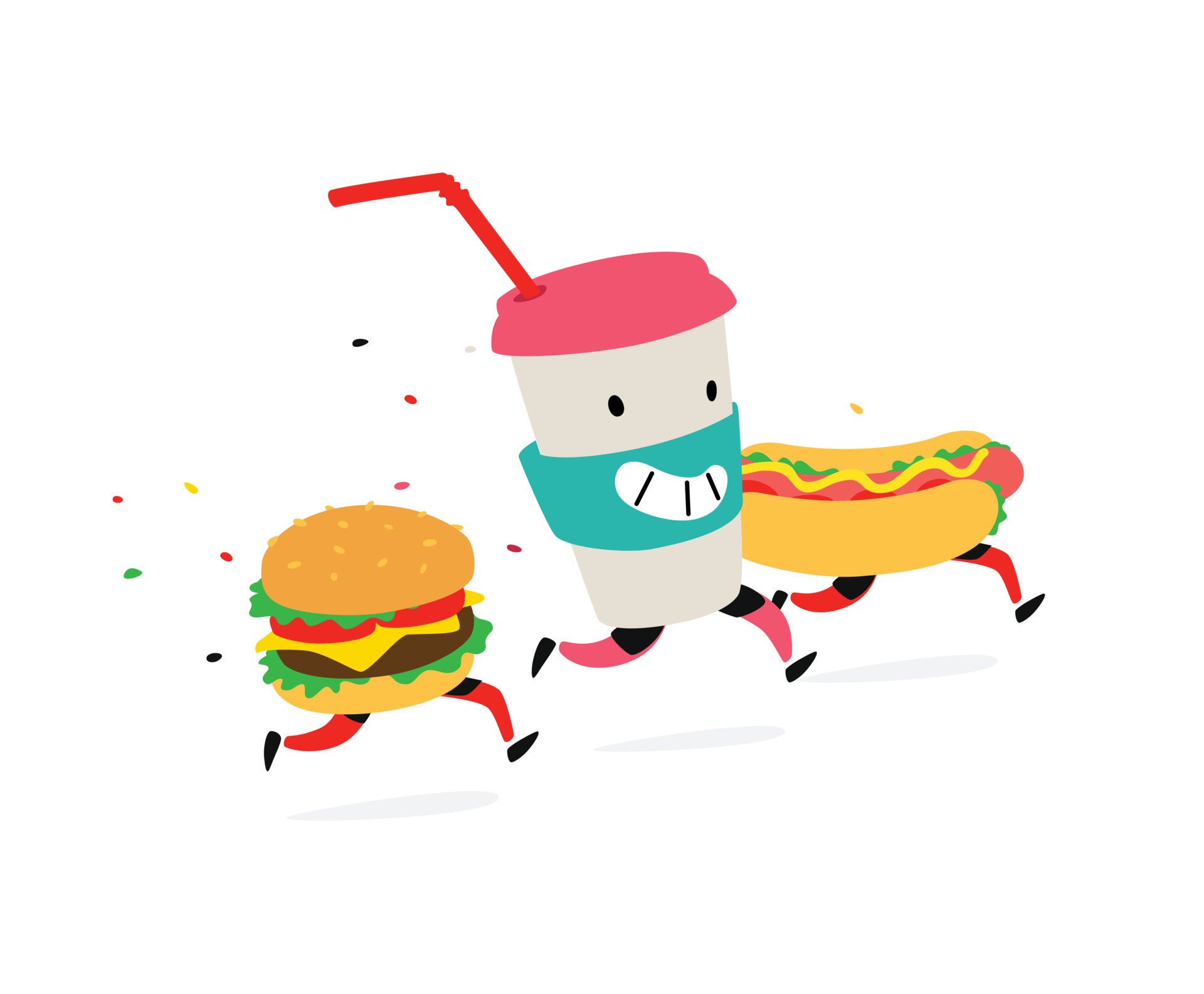 Characters hamburger, hot dog, cocktail cup. Vector. Logos for fast food.  Funny illustration of food delivery. Cartoon signs, emblems for the  restaurant. Mascots for cafes. 9156344 Vector Art at Vecteezy