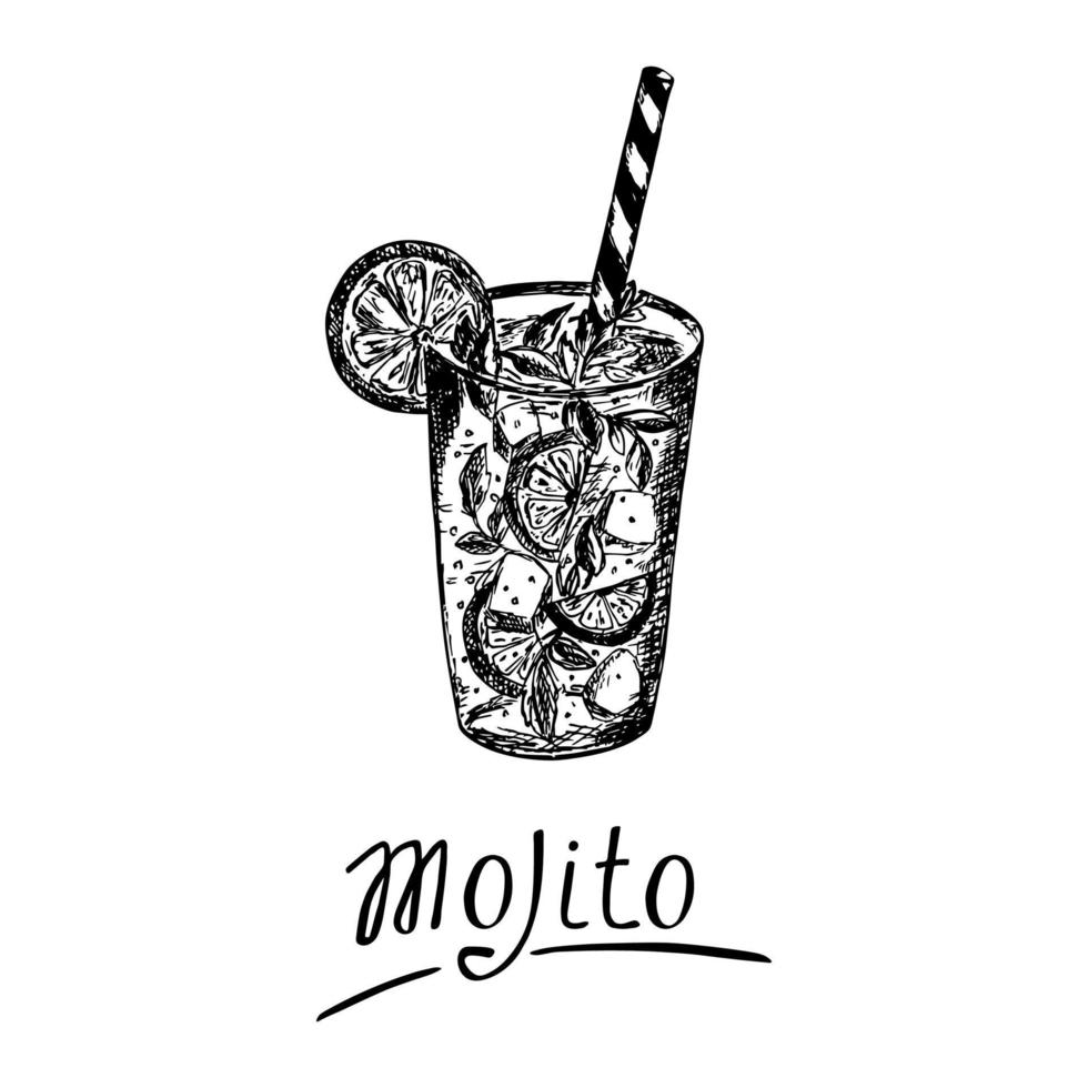 cóctel mojito en estilo boceto con letras. ilustración dibujada a mano aislada sobre fondo blanco. vector