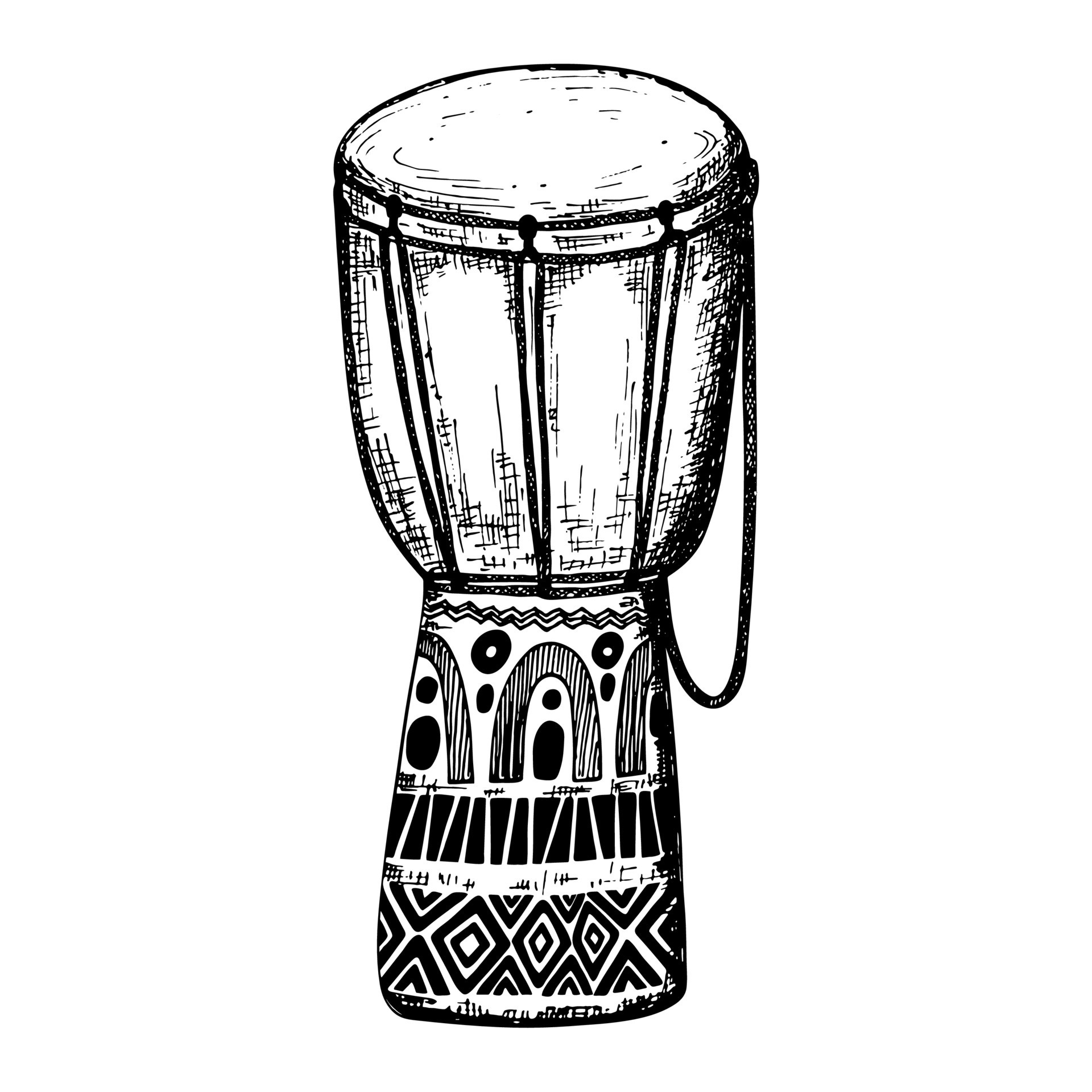 Hand drawn sketch style drum. African music instrument. Black and white