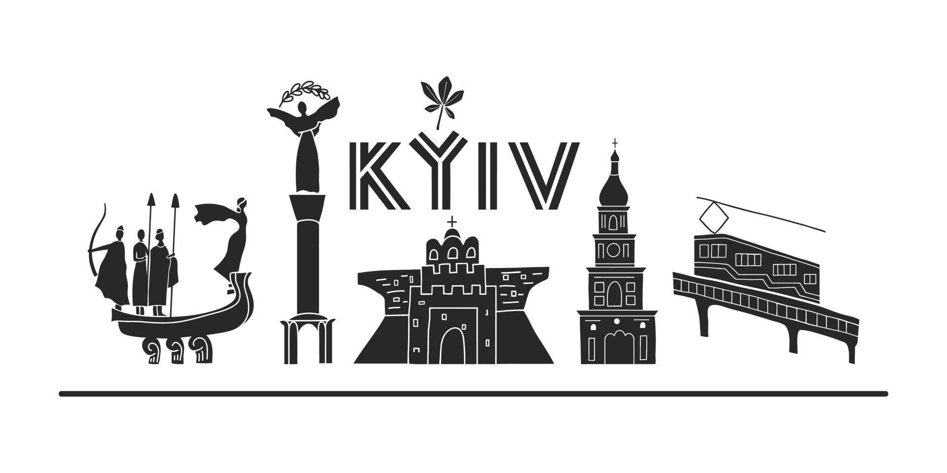 atracciones famosas dibujadas a mano y símbolos de kyiv. edificios y monumentos ucranianos populares. ilustración de lugares turísticos vector