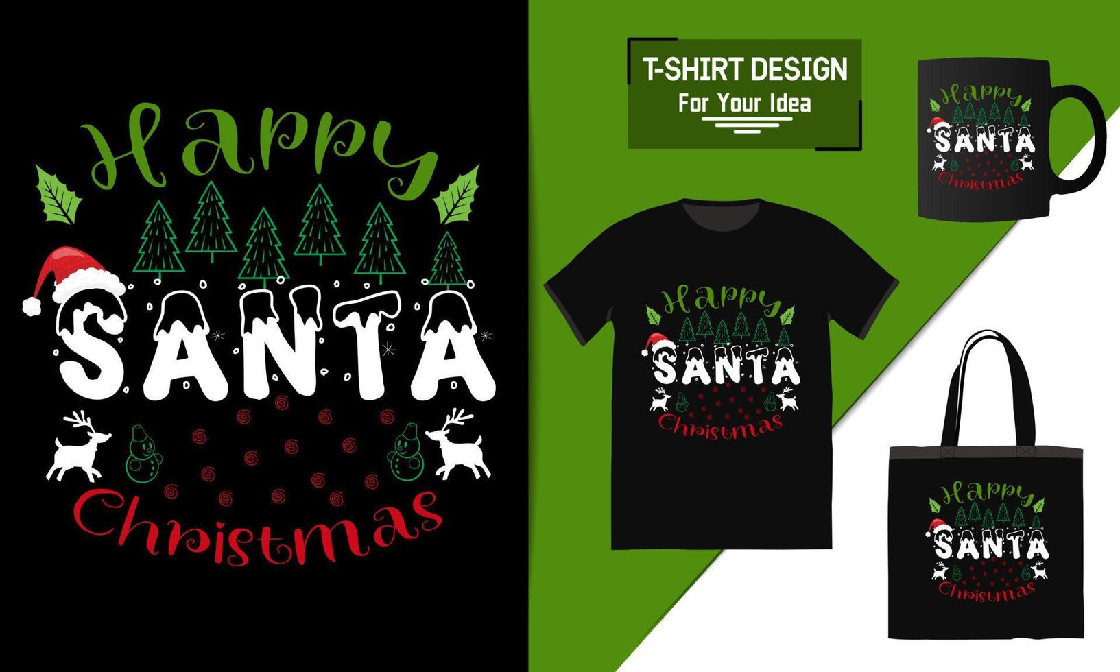 bolsa de diseño de camiseta de feliz navidad y maqueta de taza para merchandising este diseño es perfecto para camisetas vector