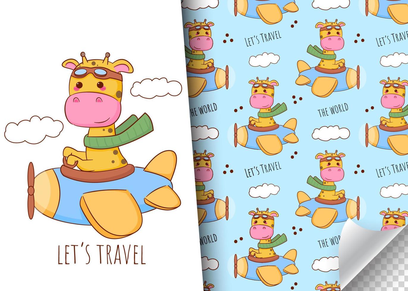 Cute cartoon giraffe character travel by plane. Kids card and seamless background pattern. Hand drawn design vector illustration.