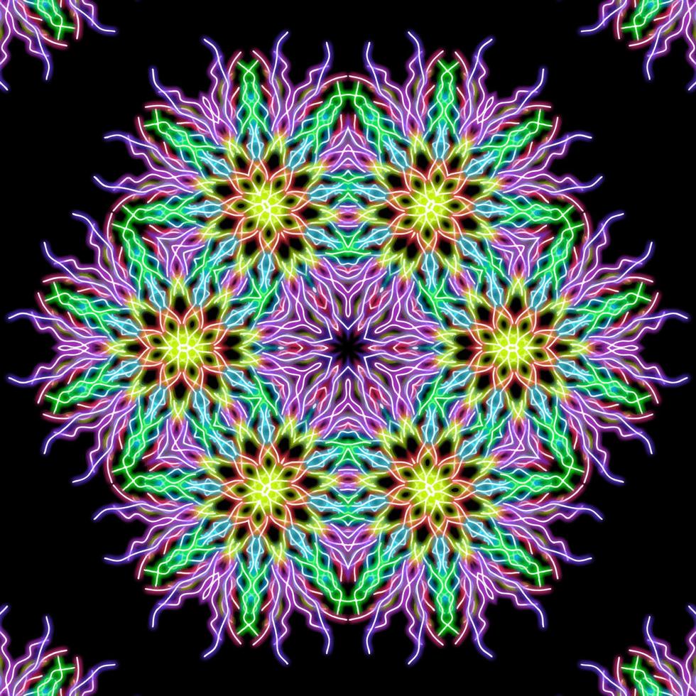 Mandala. Beautiful vintage round pattern. Vector illustration. Psychedelic neon composition. Indian, Buddhism, Spiritual Tattoo, yoga, spirituality. Sticker, patch, poster graphic design.