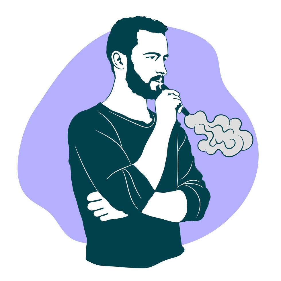 Bearded young man, vaping. Vape and smoke concept. vector