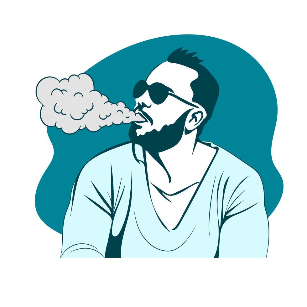 joven barbudo, vapeando. concepto de vapor y humo. vector