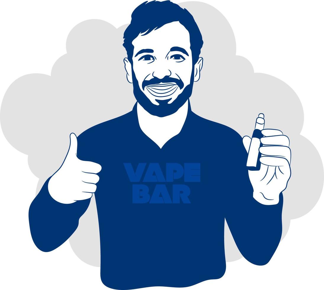 Bearded young man, vaping. Vape and smoke concept. vector