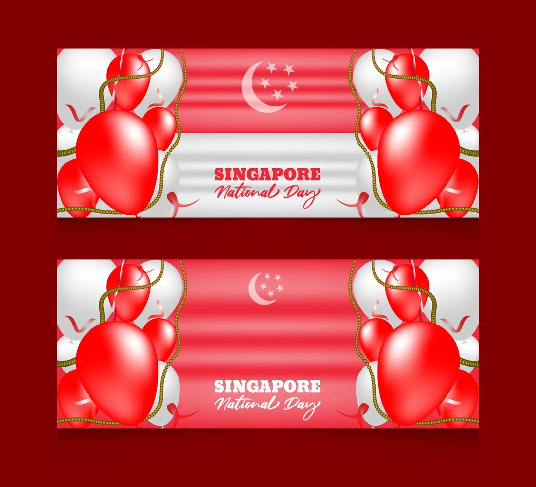 Gradient Singapore national day with a balloon and  horizontal banners template set vector