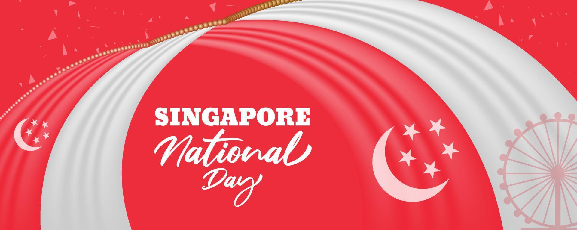 Realistic Singapore national day Background with 3d flag-waving design vector