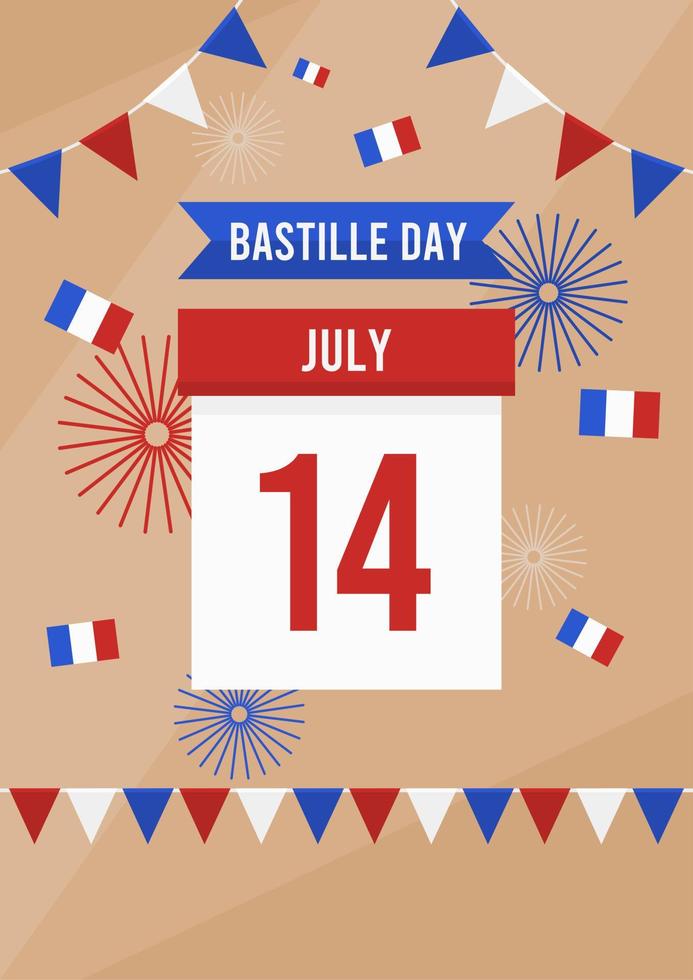 cartel del día de la bastilla con calendario que muestra el 14 de julio y algunas banderas francesas para la celebración del día de la bastilla vector