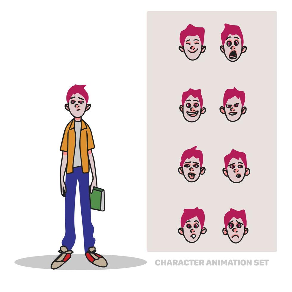 Character animation set, schoolboy boy with a book in his hand, full length, creation of people with emotions, doodle vector