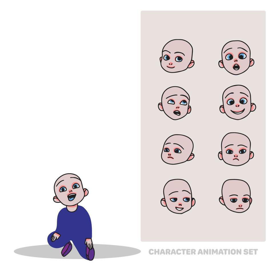 Character animation set, little boy, child, full length, people creation with emotions, doodle vector