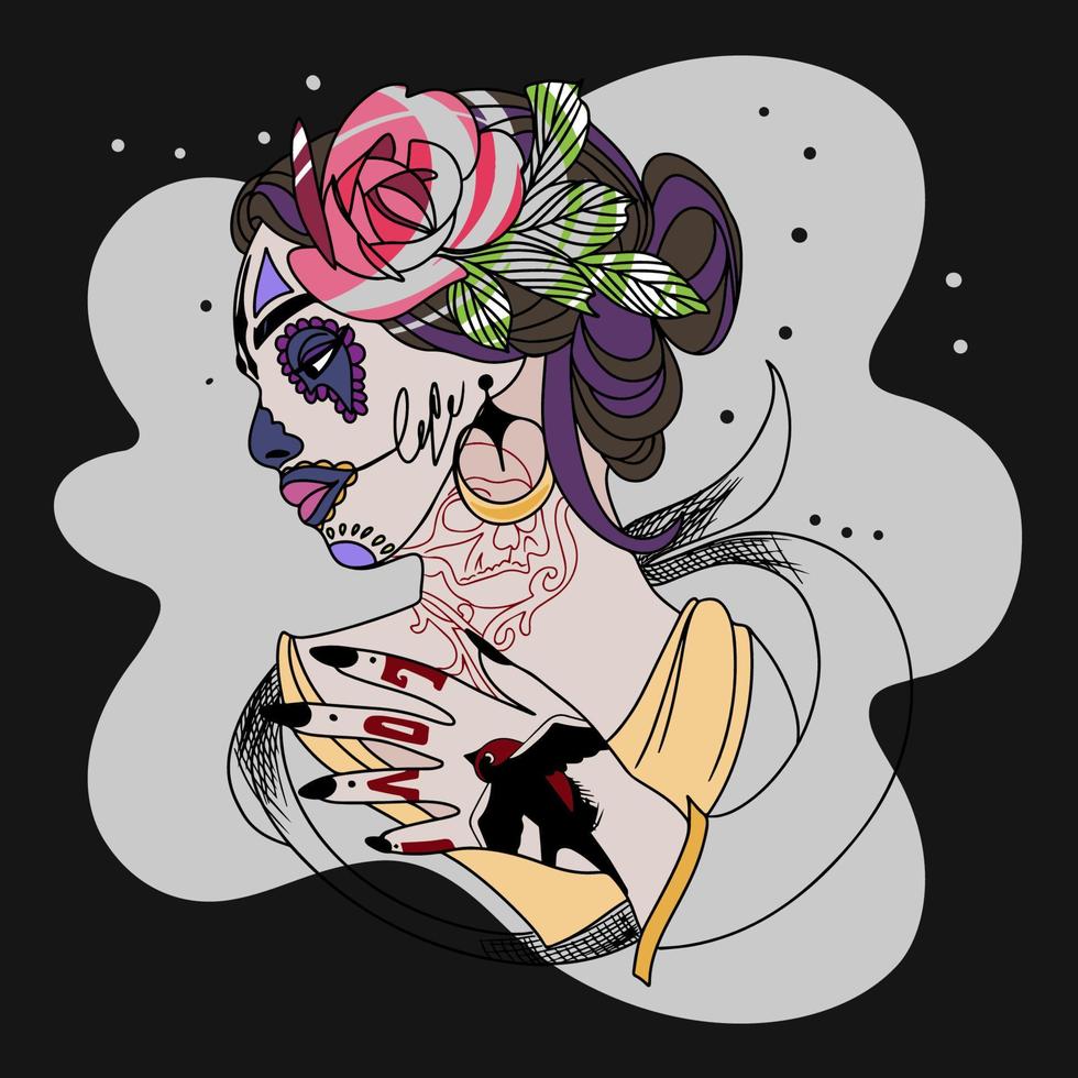 bella chica al estilo chicano, con un tatuaje, rosas en el pelo, una inscripción en la mano, un fondo oscuro vector