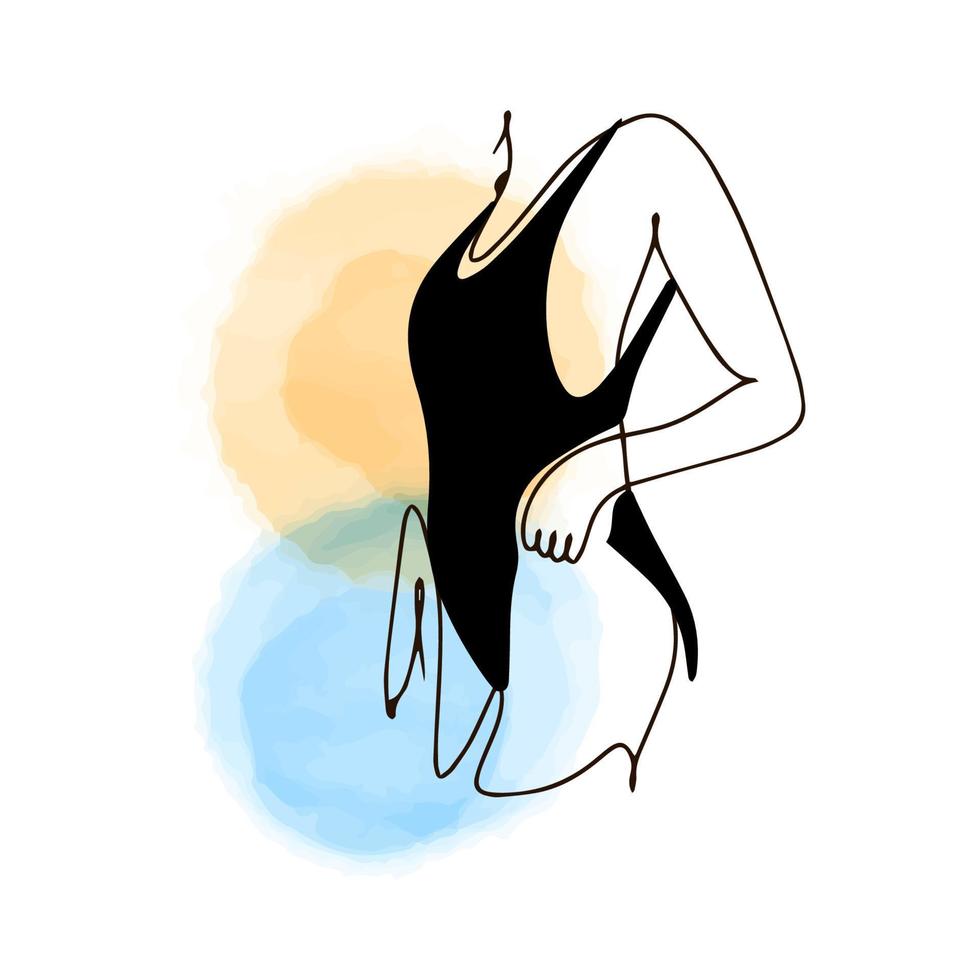 fragmento del cuerpo de una chica con traje de baño negro, dibujo de contorno de una línea, lineal al estilo de garabatos en un fondo acuático, estética vector