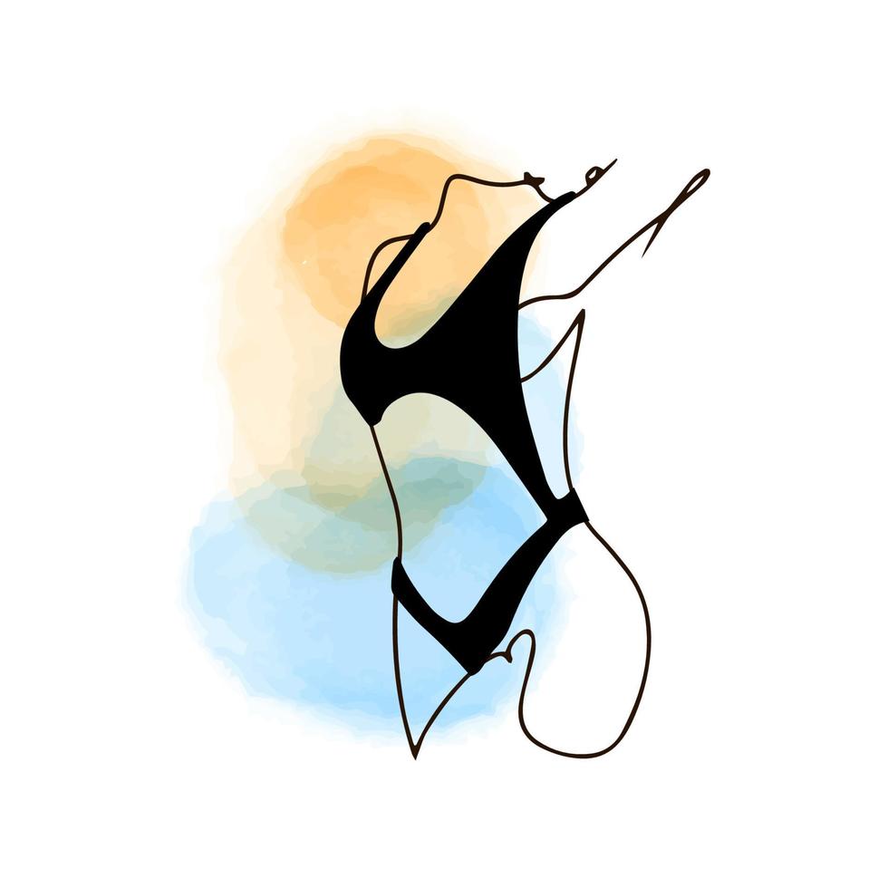 Fragment of the body of a girl in a black swimsuit, one line contour drawing, linear in the style of doodles on a watercolor background, aesthetics vector