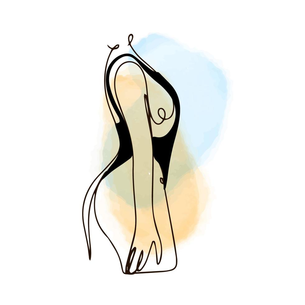 Fragment of the body of a girl in a black swimsuit, one line contour drawing, linear in the style of doodles on a watercolor background, aesthetics vector