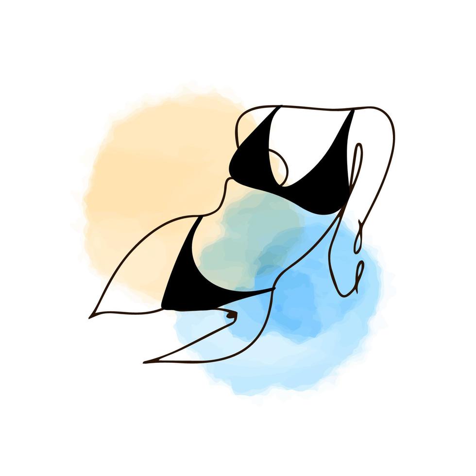 Fragment of the body of a girl in a black swimsuit, one line contour drawing, linear in the style of doodles on a watercolor background, aesthetics vector