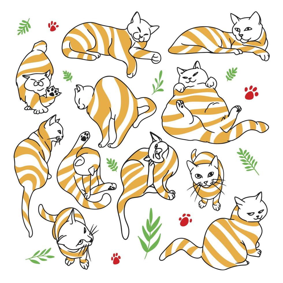 divertido juego de gatos a rayas, colección de mascotas de dibujos animados, en diferentes ángulos y poses, garabatos vector