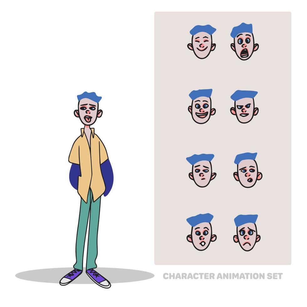 Character animation set, boy schoolboy, full length, people creation with emotions, doodle vector