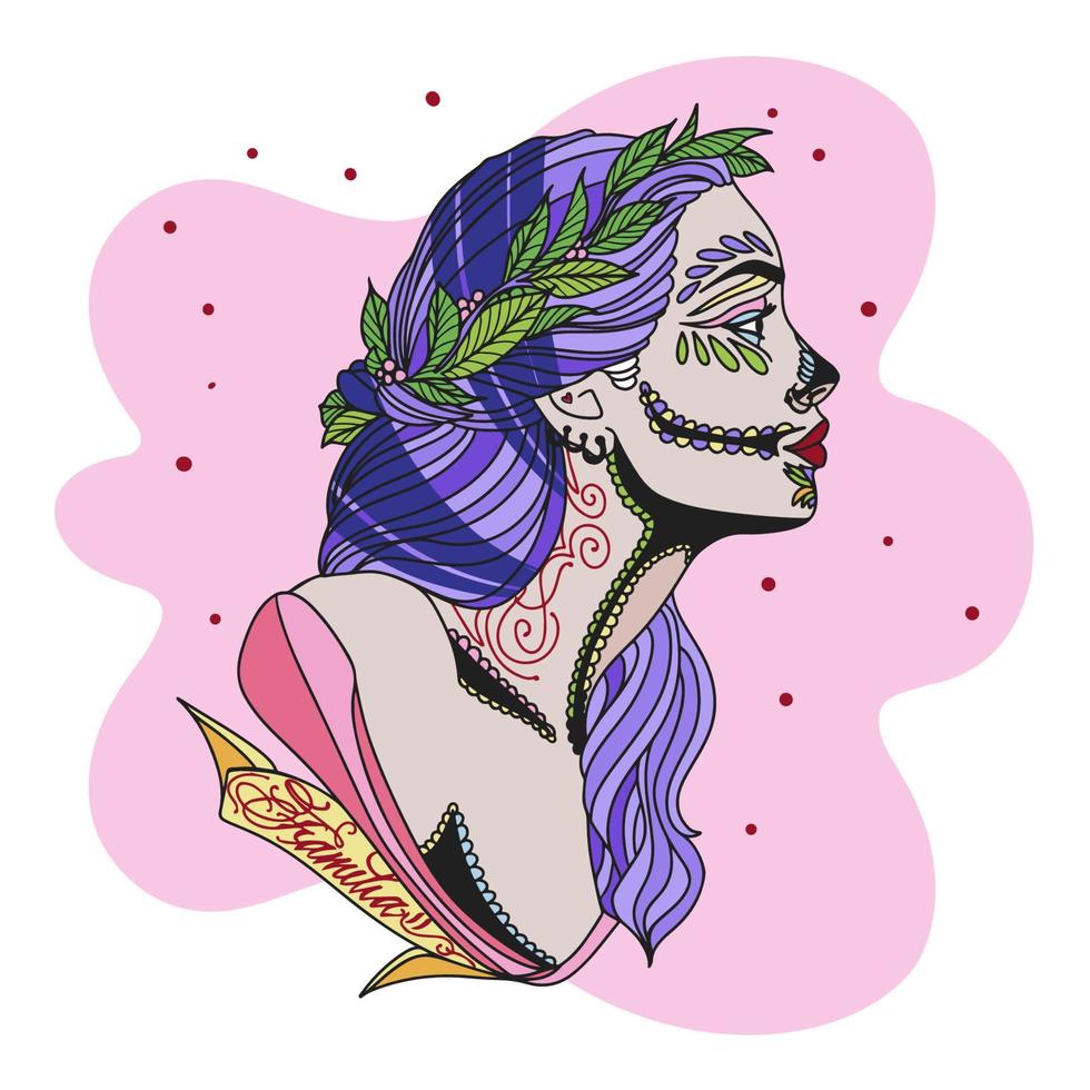 Cute girl in Chicano style, with tattoos and inscriptions, with berries and leaves in her hair, jewelry on her face vector
