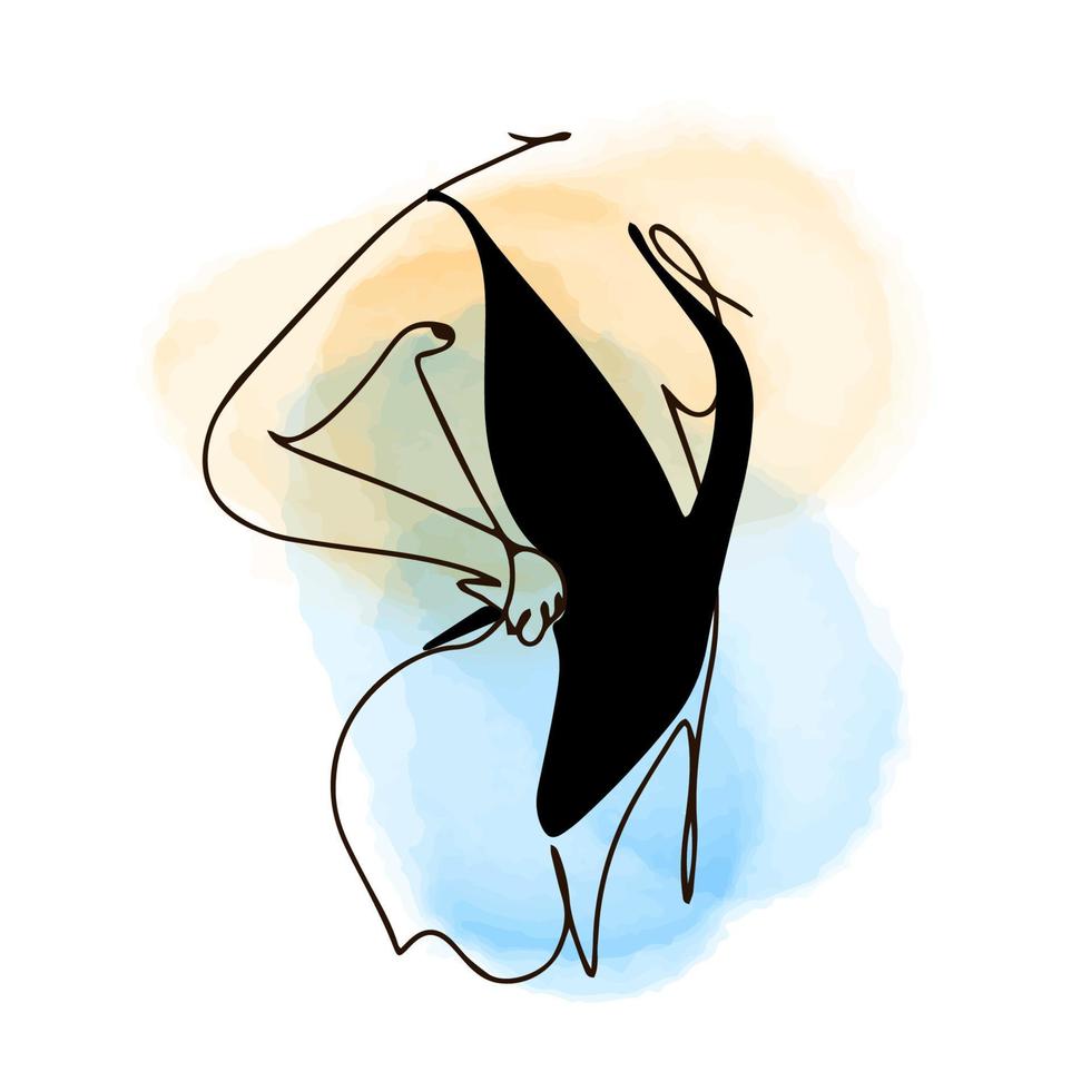 Fragment of the body of a girl in a black swimsuit, one line contour drawing, linear in the style of doodles on a watercolor background, aesthetics vector