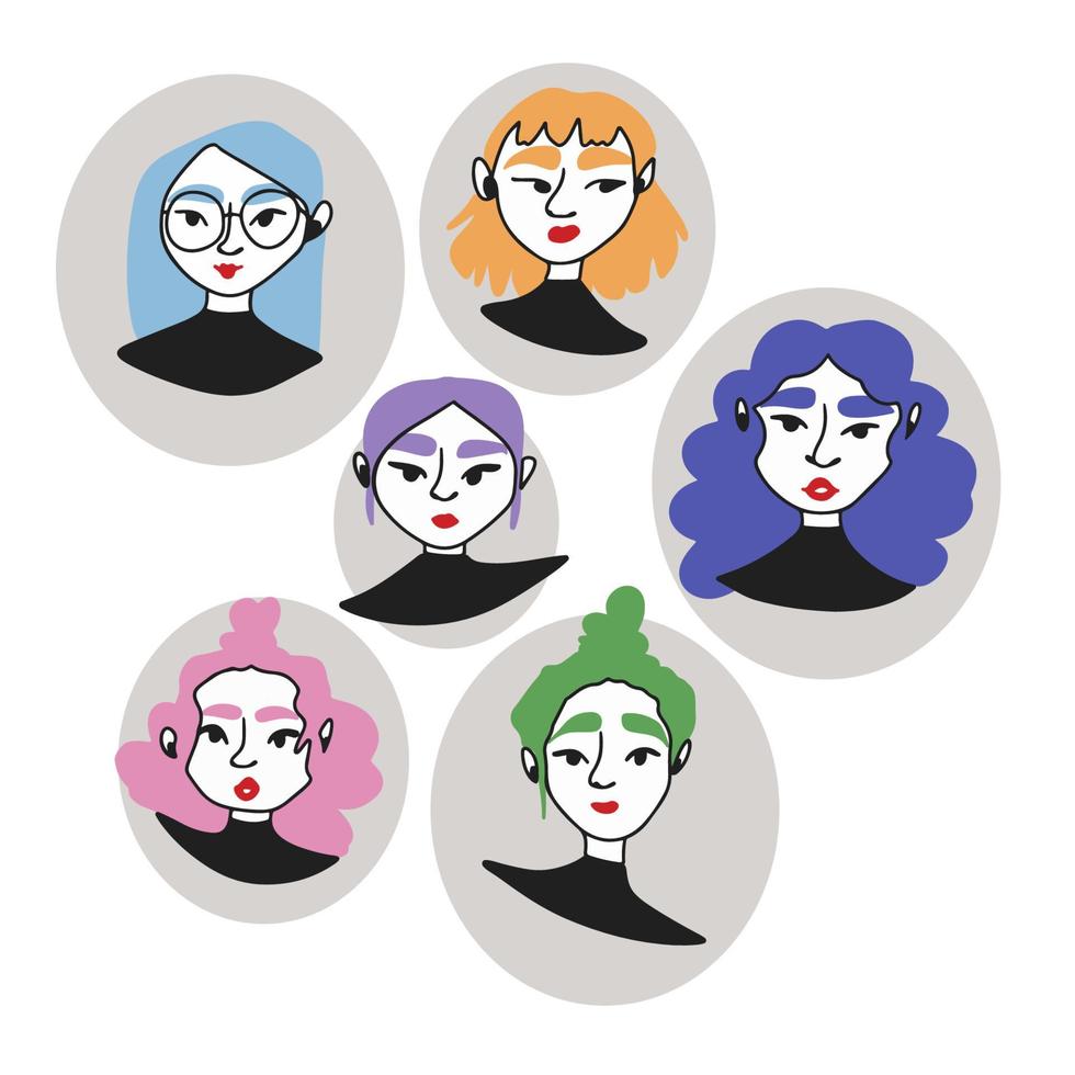 Girls avatars in doodle style, outline vector illustration on a white background