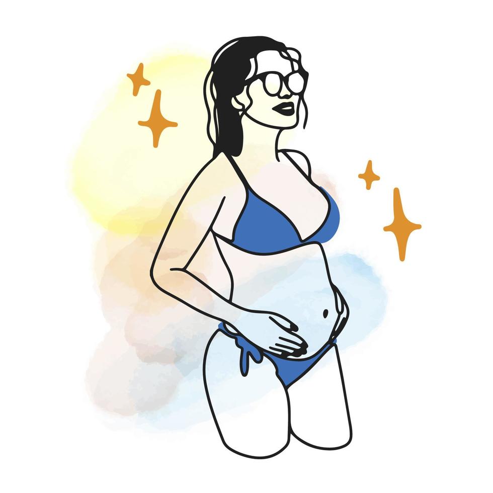 chica embarazada en traje de baño, con gafas de sol, barriga redonda y grande, embarazo, temporada de playa, garabato vector