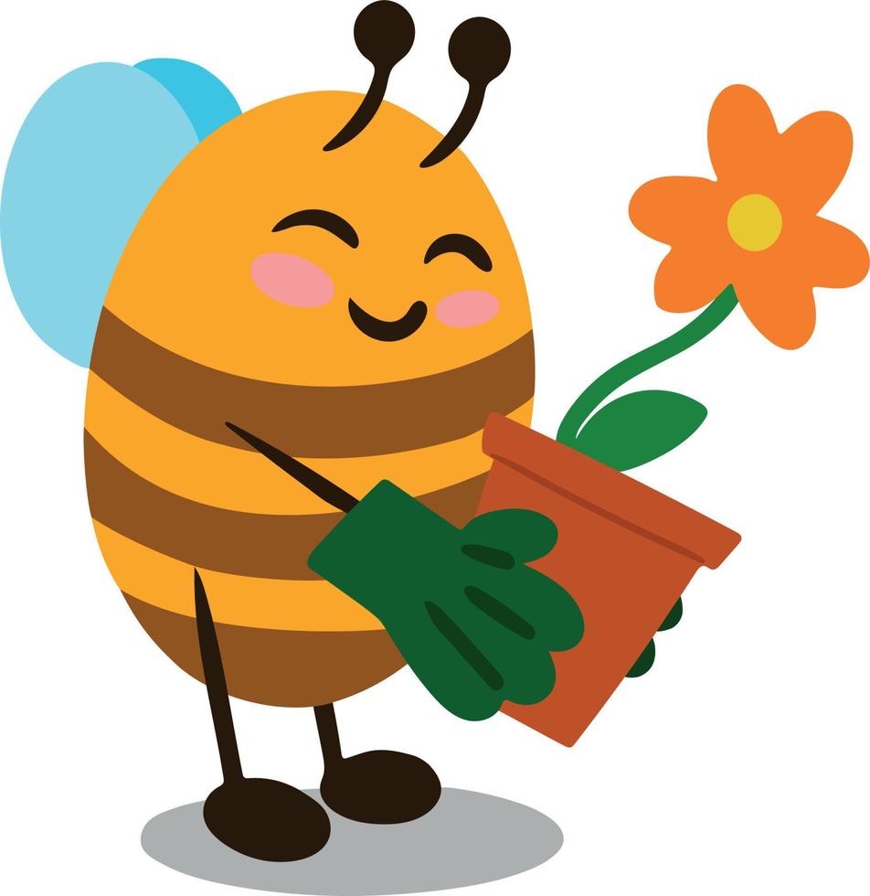 Cute bee with flower in pot. Vector illustration isolated on white background. Design element. Bee gardener in gloves