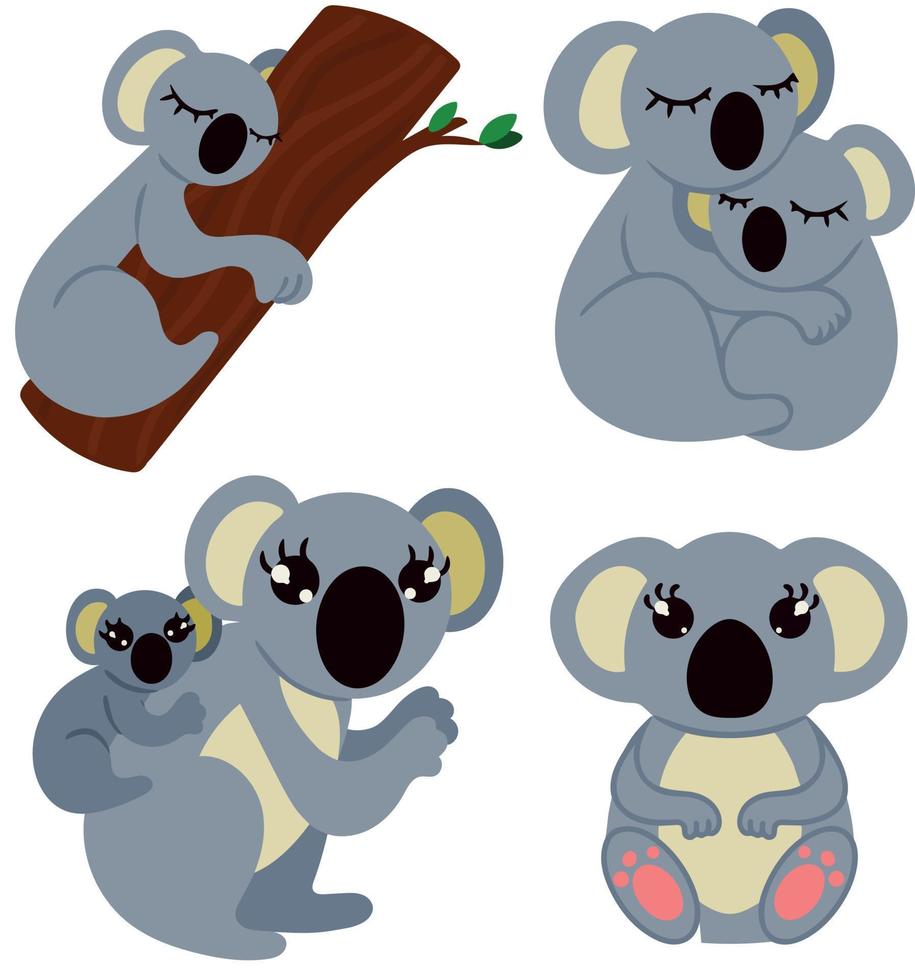 Adorable gray koala in various poses. One sleeping on tree a couple of koalas hugging mother koala with baby and cute sitting koala. Image isolated on white background. Vector illustration